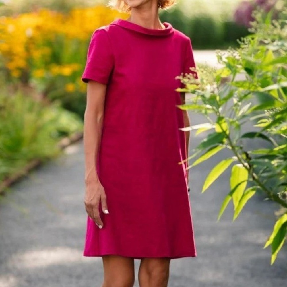 Le Muse STORY Linen Dress Cerise Pink Short Sleeve Cowl Neck Midi Shift Size L